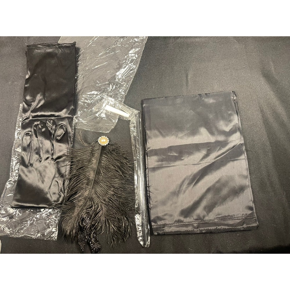 Womens Black Satin 1920s Flapper Accessory Set Gloves Headband Wrap Prop 4pc
